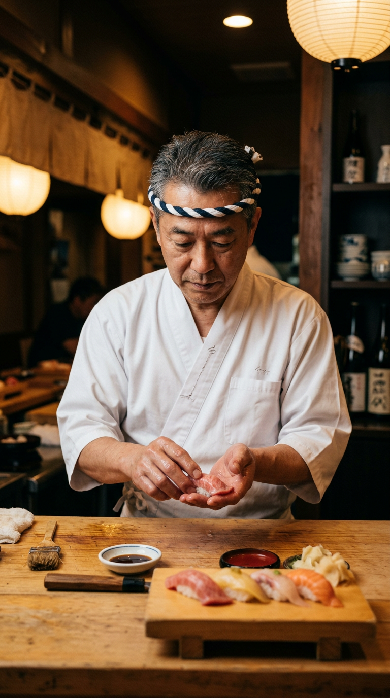 カウンターで鮨を握る店主